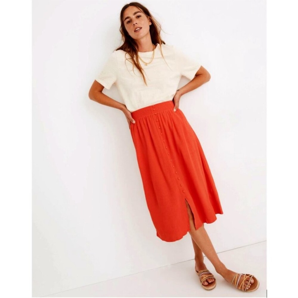 Madewell Smocked-Waist Button-Front Midi Skirt in Blood Orange